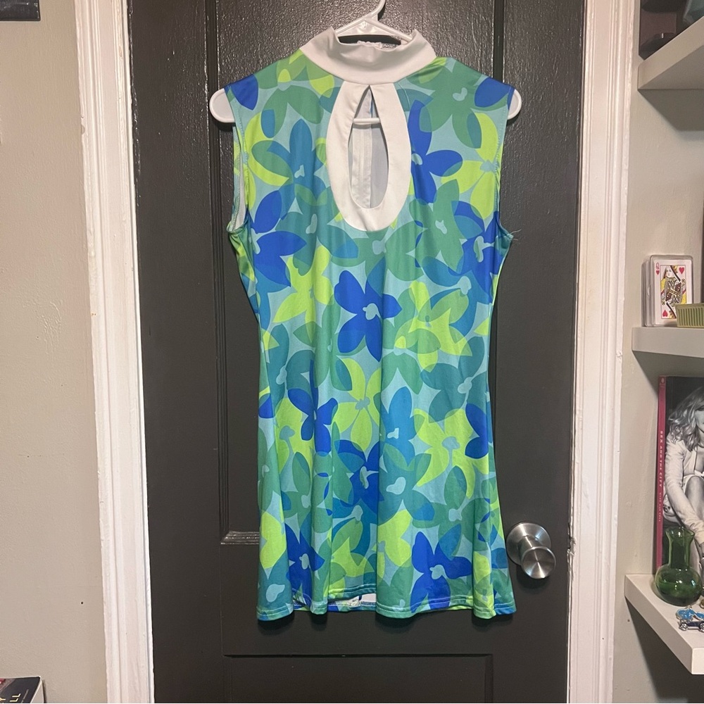 Sleeveless Floral Keyhole Dress - Blue & Lime Green